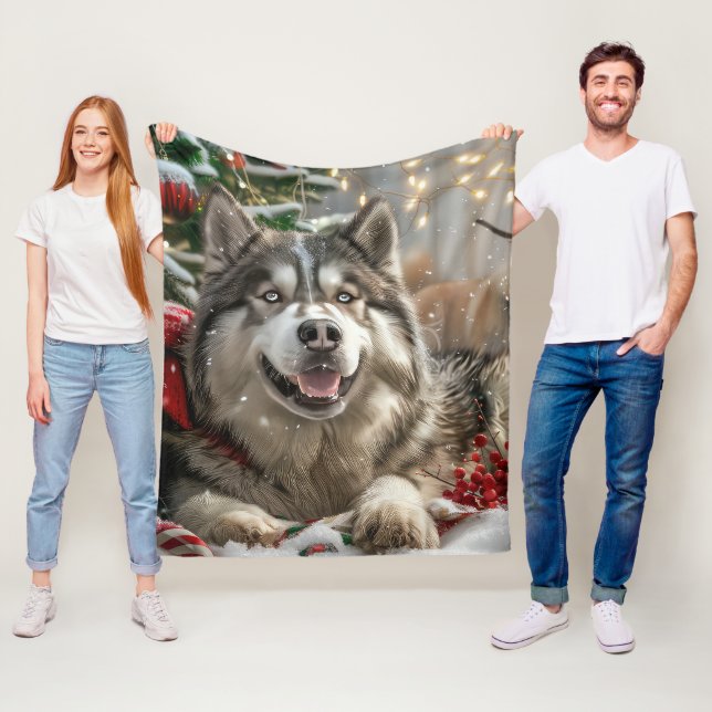 Alaskan Malamute Hund Jul Festlig Fleecefilt (På plats)