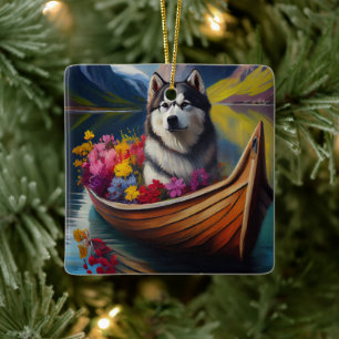 Alaskan Malamute Hund på paddel: Ett naturskönt äv Julgransprydnad Keramik