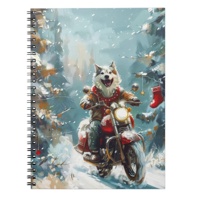 Alaskan Malamute Hund Ridning Motorcykel Jul Anteckningsbok (Framsidan)