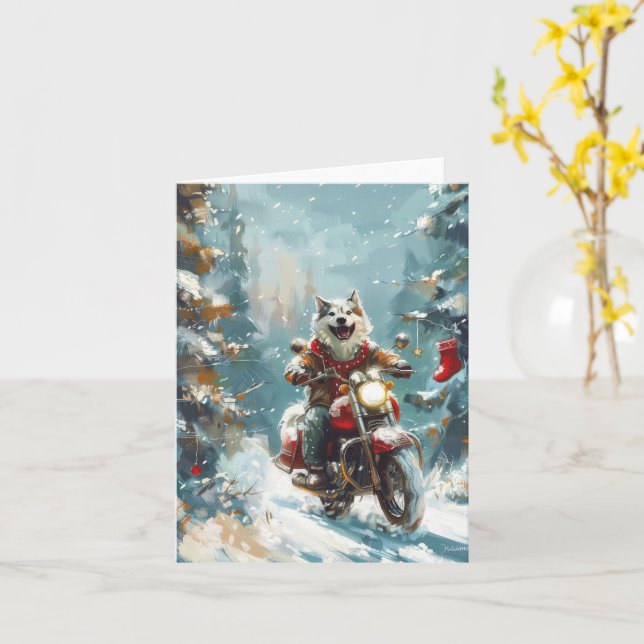 Alaskan Malamute Hund Ridning Motorcykel Jul Kort (Gul blomma)