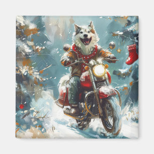 Alaskan Malamute Hund Ridning Motorcykel Jul Magnet