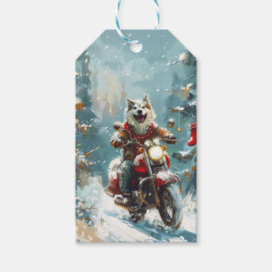 Alaskan Malamute Hund Ridning Motorcykel Jul Presentetikett