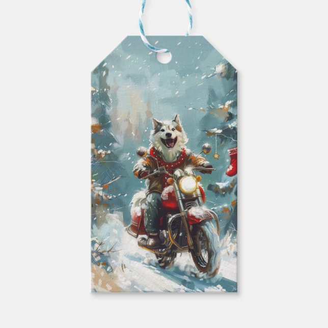 Alaskan Malamute Hund Ridning Motorcykel Jul  Presentetikett (Framsidan)