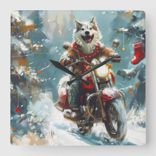 Alaskan Malamute Hund som kör motorcykel jul  Fyrkantig Klocka