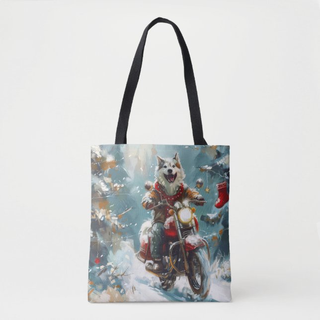 Alaskan Malamute Hund som kör motorcykel jul  Tygkasse (Framsida)