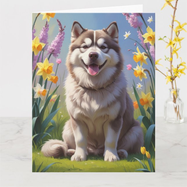 Alaskan Malamute Hund Vårblommor Målning  Kort (Gul blomma)