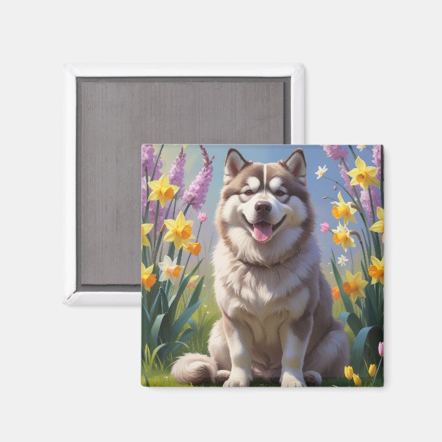 Alaskan Malamute Hund Vårblommor Målning  Magnet (Front/Back)