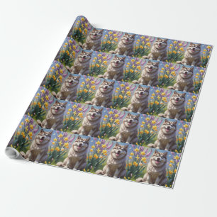 Alaskan Malamute Hund Vårblommor Målning Presentpapper