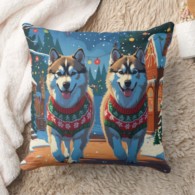 Alaskan Malamute Hundar Jul Snö Semester  Kudde (Filt)