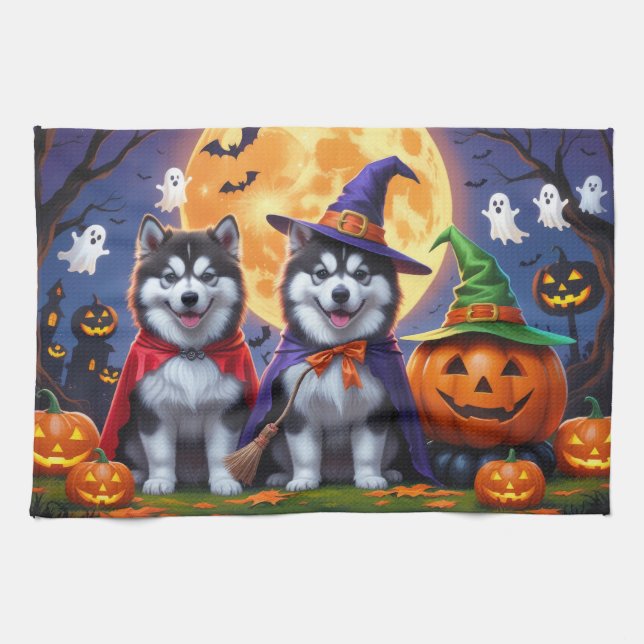 Alaskan Malamute Hundar Pumpkin Halloween Rolig  Kökshandduk (Horisontell)