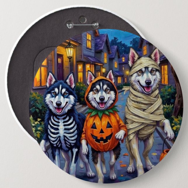Alaskan Malamute Hundar som går på Halloweenträsk  Knapp (Framsida & baksida)