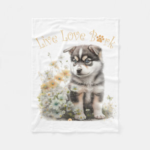 Alaskan Malamute Hundmamma Blommig Fleecefilt