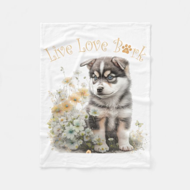 Alaskan Malamute Hundmamma Blommig Fleecefilt (Framsidan)