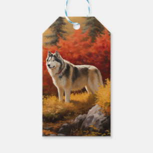 Alaskan Malamute i höstlöv fall inspirerad Presentetikett
