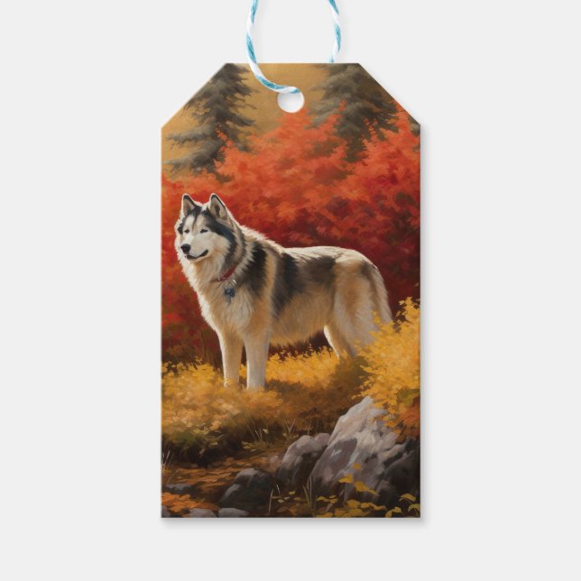 Alaskan Malamute i höstlöv fall inspirerad Presentetikett (Framsidan)