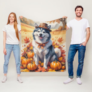Alaskan Malamute i höstlöv tackgivandekonst Fleecefilt