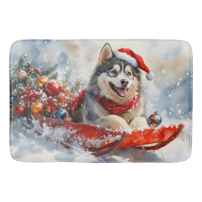 Alaskan Malamute i släde Låt det snöa jul Badrumsmatta (Framsidan)