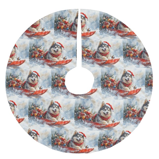 Alaskan Malamute i släde Låt det snöa jul Julgransmatta Borstad Polyester (Framsidan)