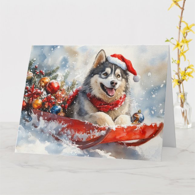 Alaskan Malamute i släde Låt det snöa jul Kort (Gul blomma)