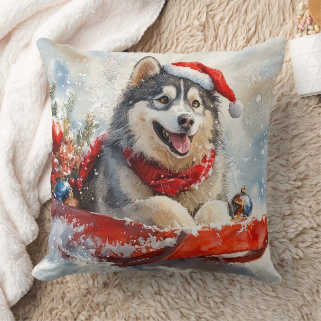 Alaskan Malamute i släde 'Låt det snöa' jul Kudde (Filt)