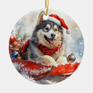 Alaskan Malamute i släde 'Let it Snow' jul Julgransprydnad Keramik