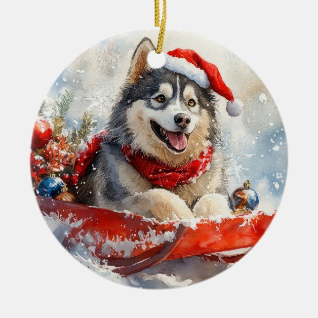 Alaskan Malamute i släde 'Let it Snow' jul Julgransprydnad Keramik (Framsidan)