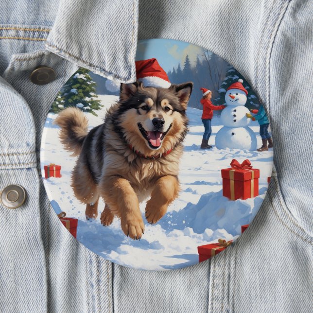 Alaskan Malamute jul Festive Snö Scene Knapp (In Situ)