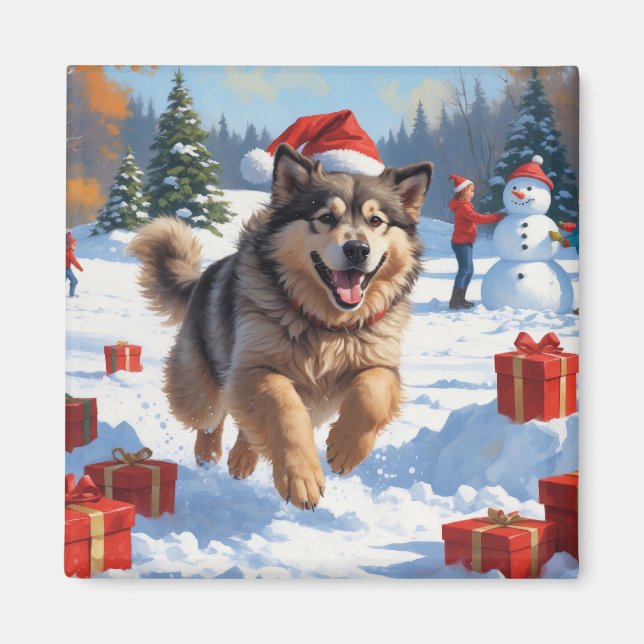 Alaskan Malamute jul Festive Snö Scene Magnet (Framsidan)