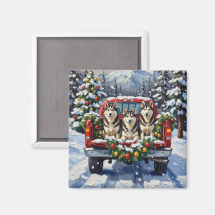Alaskan Malamute Jul Röd Lastbil Holiday Magnet