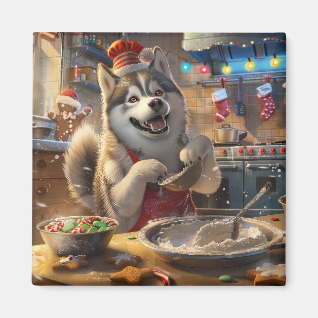 Alaskan Malamute Julbakning: Festlig jul Magnet (Framsidan)