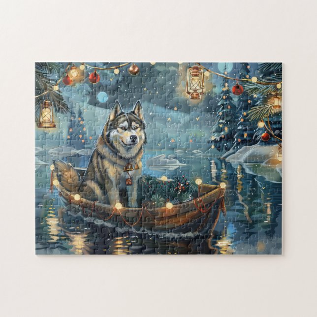 Alaskan Malamute Julfestliga Resa Pussel (Horisontell)