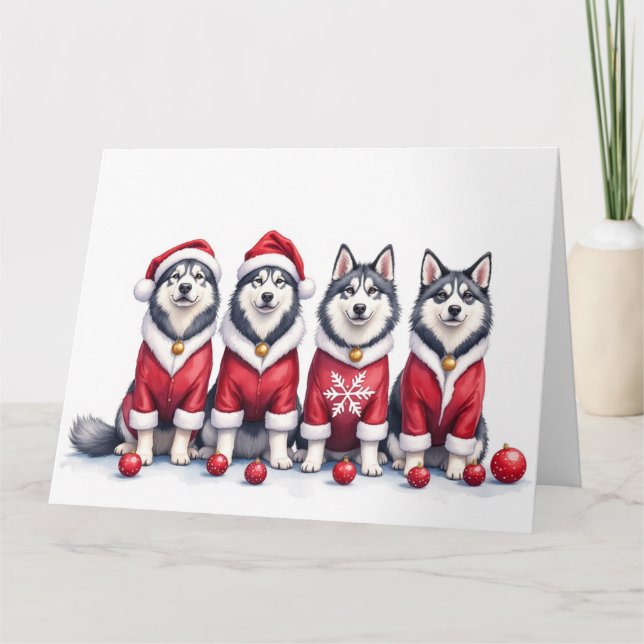 Alaskan Malamute Julklänning Tomtehatt Kort (Framsida)