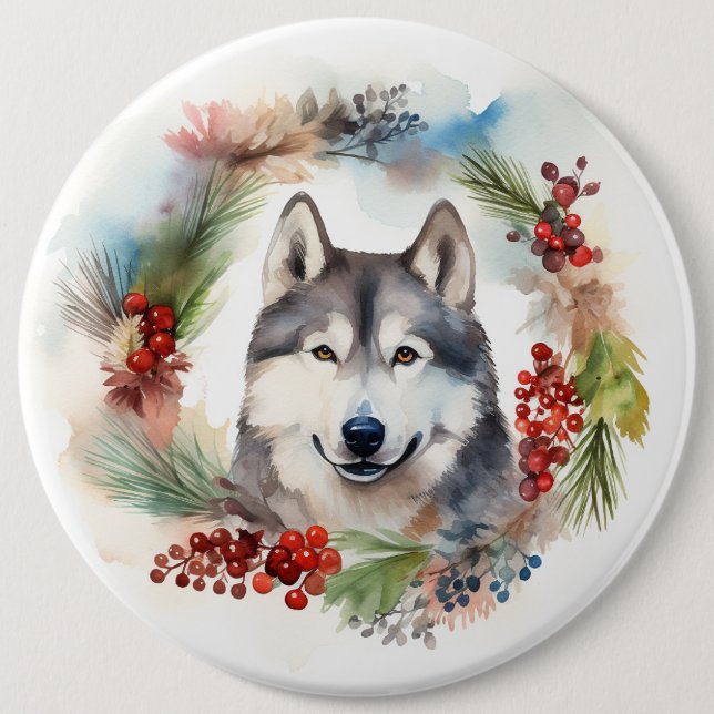 Alaskan Malamute Julkrans Festlig Valp Knapp (Framsida)