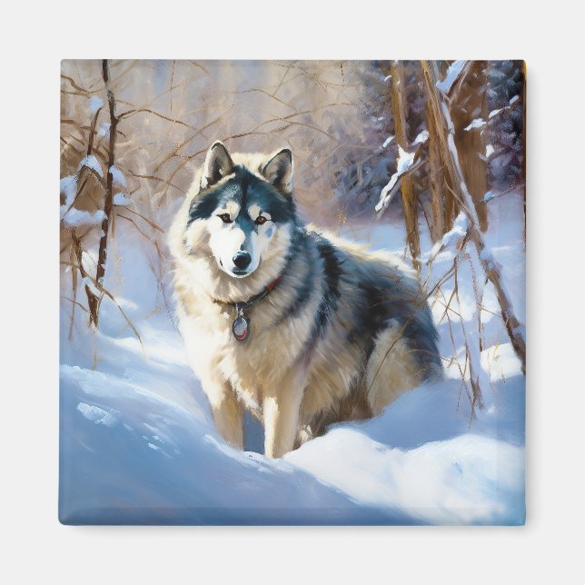 Alaskan Malamute Låt det snöa jul Magnet (Framsidan)
