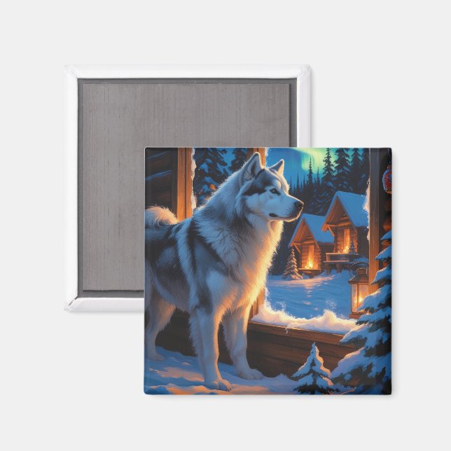 Alaskan Malamute med julbelysning Högtid  Magnet (Front/Back)