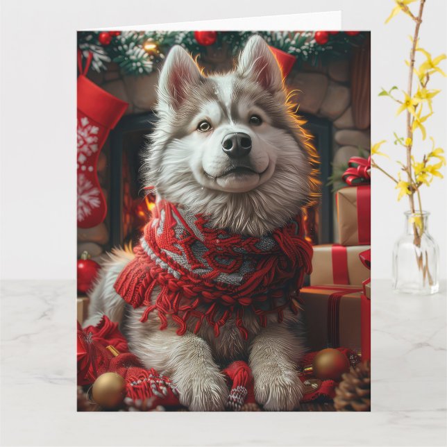 Alaskan Malamute med julklappar öppen spis Kort (Gul blomma)