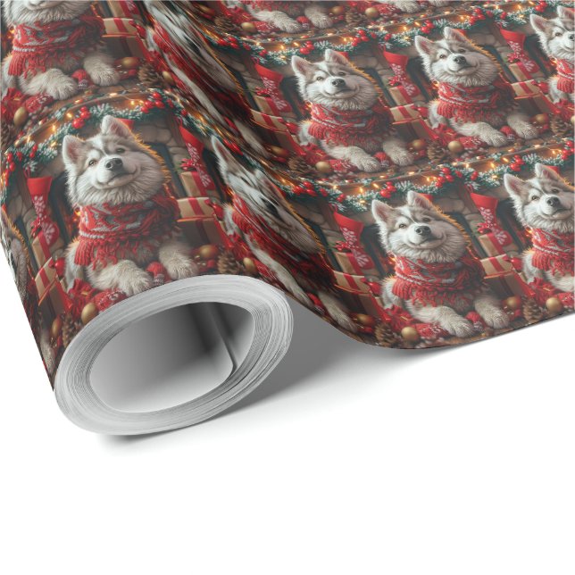 Alaskan Malamute med julklappar öppen spis Presentpapper (Rulle Hörn)