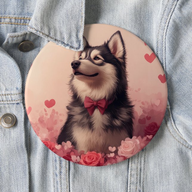 Alaskan Malamute med rosor - Alla hjärtans dag  Knapp (In Situ)