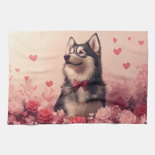 Alaskan Malamute med rosor - Alla hjärtans dag  Kökshandduk (Horisontell)
