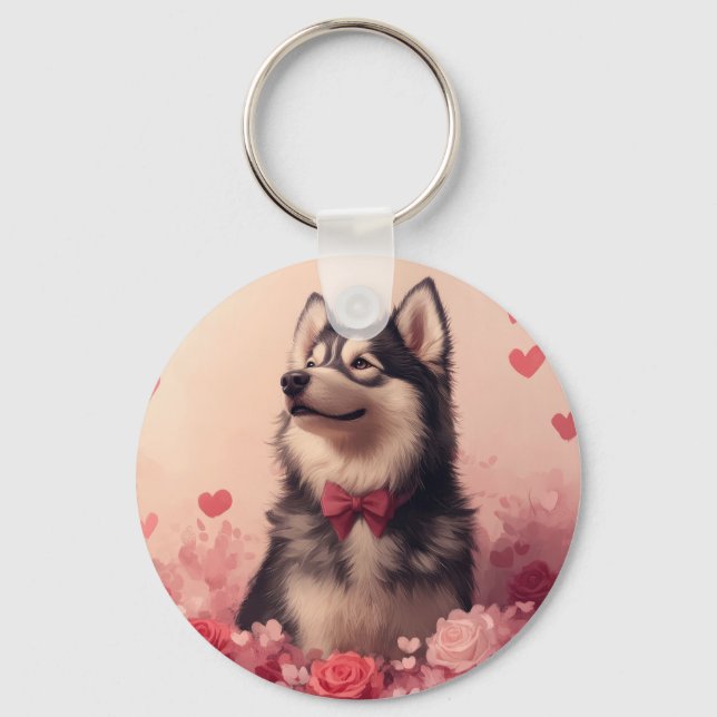Alaskan Malamute med rosor - Alla hjärtans dag  Nyckelring (Framsida)