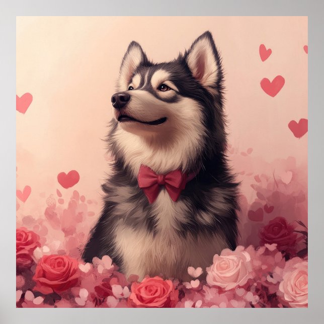 Alaskan Malamute med rosor - Alla hjärtans dag  Poster (Framsidan)