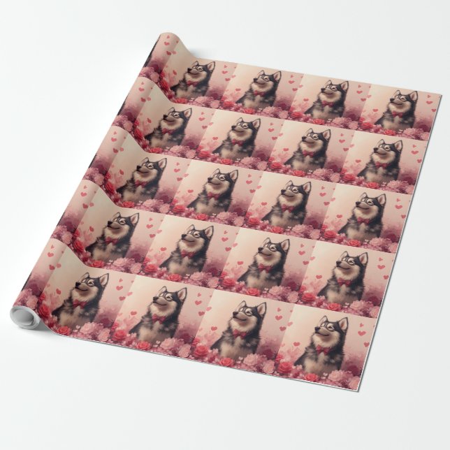 Alaskan Malamute med rosor - Alla hjärtans dag  Presentpapper (Utrullad)