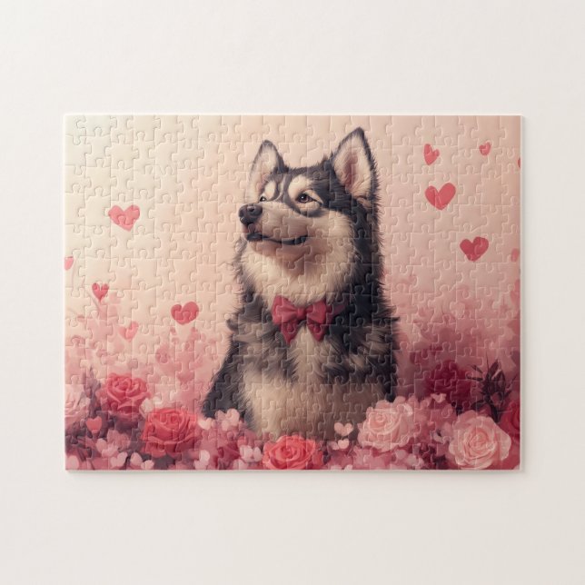 Alaskan Malamute med rosor - Alla hjärtans dag  Pussel (Horisontell)
