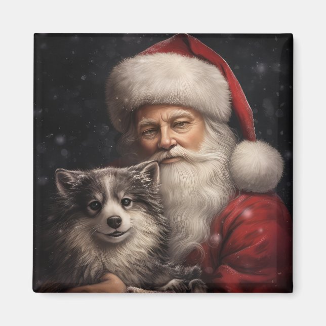 Alaskan Malamute med tomte jul Magnet (Framsidan)
