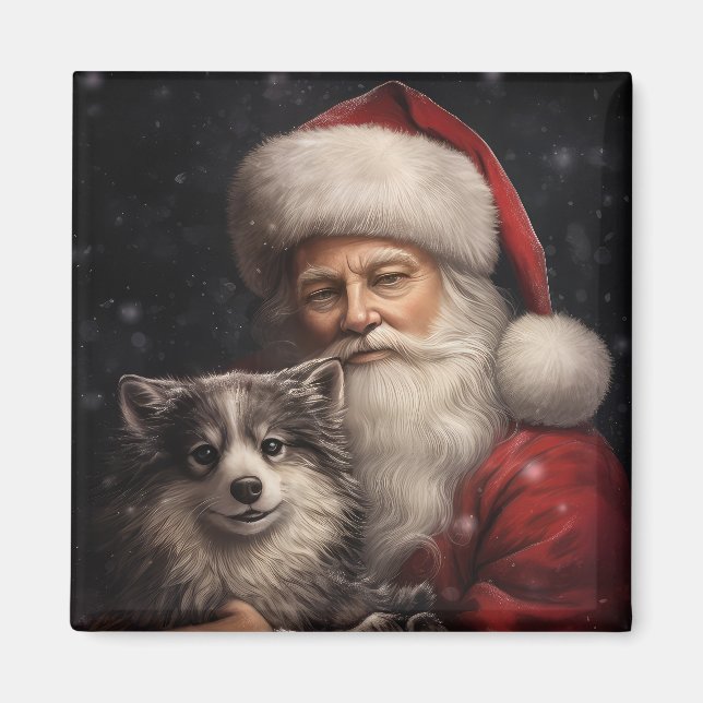 Alaskan Malamute med Tomte Jul Magnet (Framsidan)