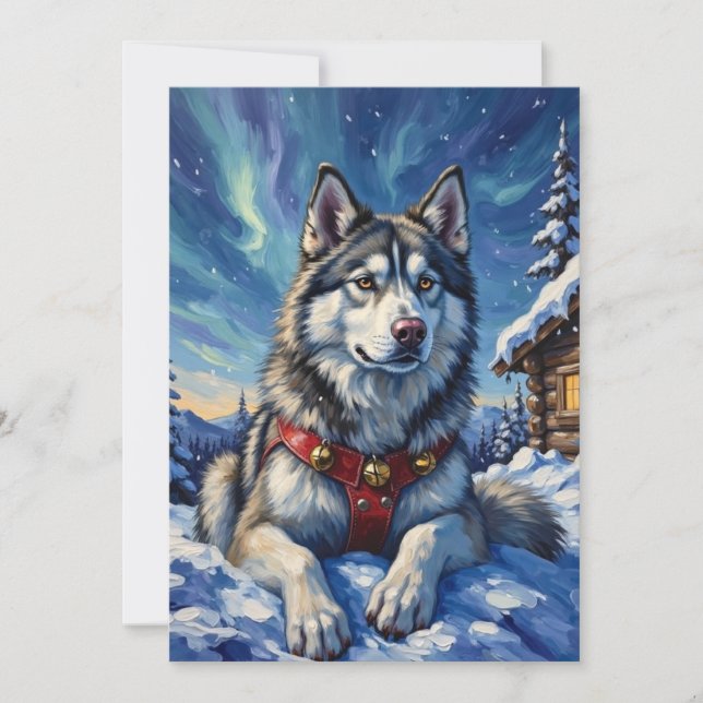 Alaskan Malamute Nordpolen Vinter Jul Julkort (Framsida)