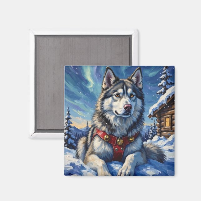 Alaskan Malamute Nordpolen Vinter Jul Magnet (Front/Back)