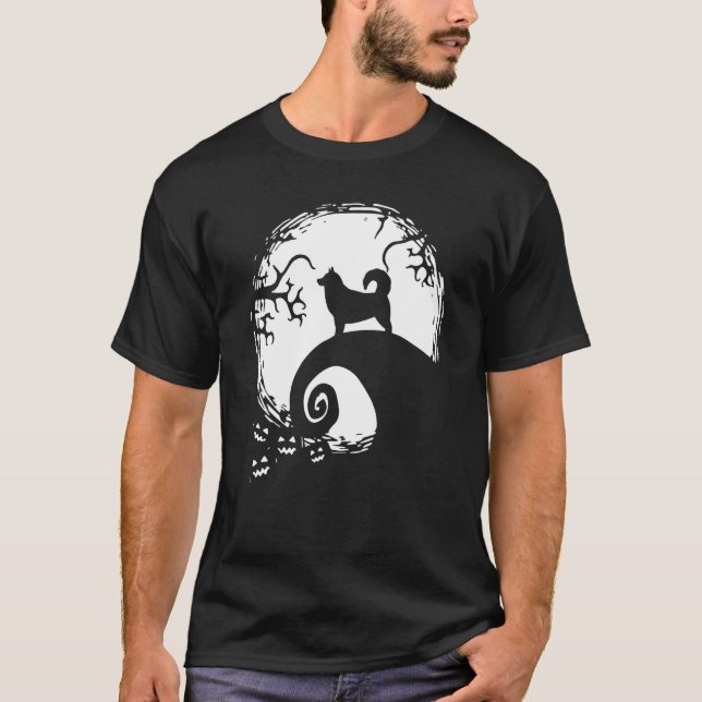 Alaskan Malamute Och Mån Halloween T Shirt (Framsida)