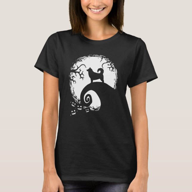 Alaskan Malamute Och Mån Halloween T Shirt (Framsida)