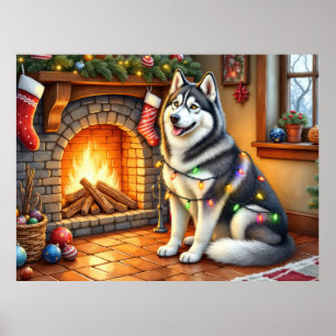 Alaskan Malamute Öppen Spis med Julbelysning Poster